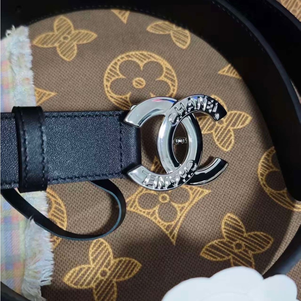 Chanel Thin Black Calfskin Belt with Gold Logo Accents